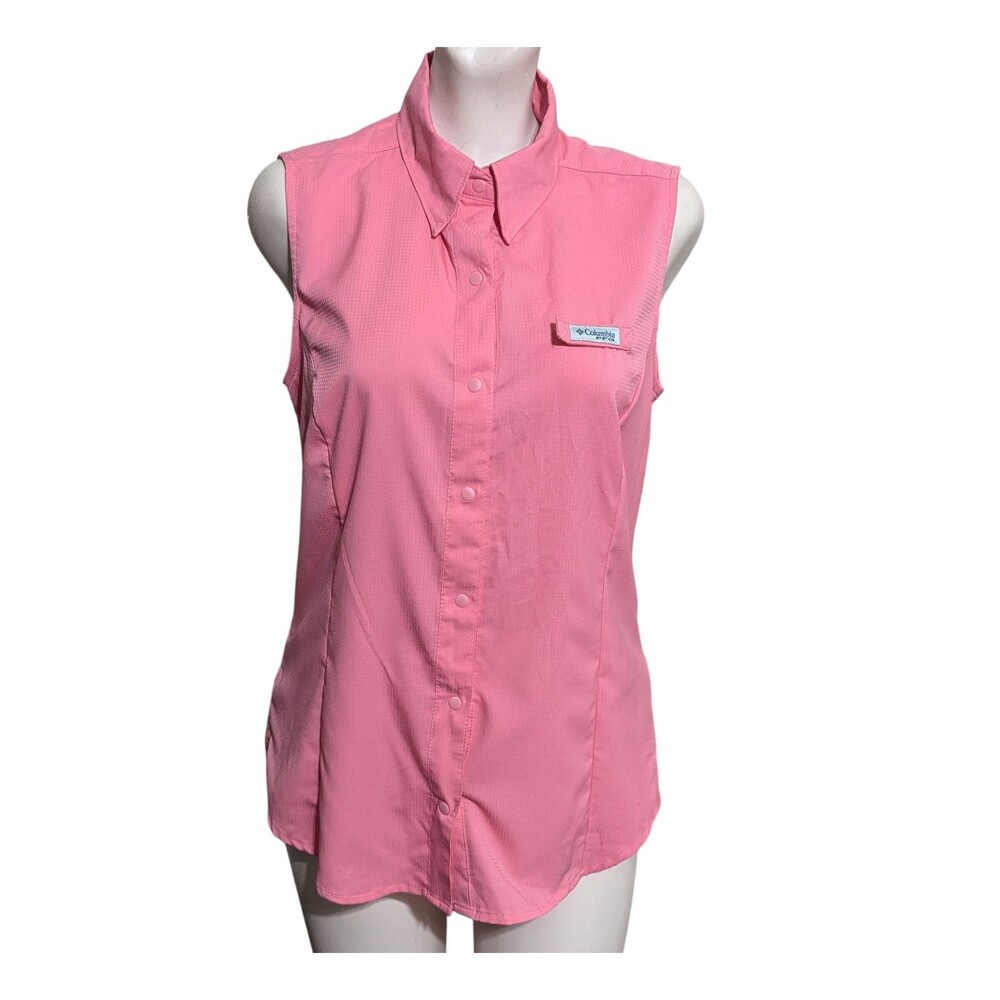 Womens Columbia PFG Snap Button Up Fishin Shirt Blouse Top Sleeveless Pink Small